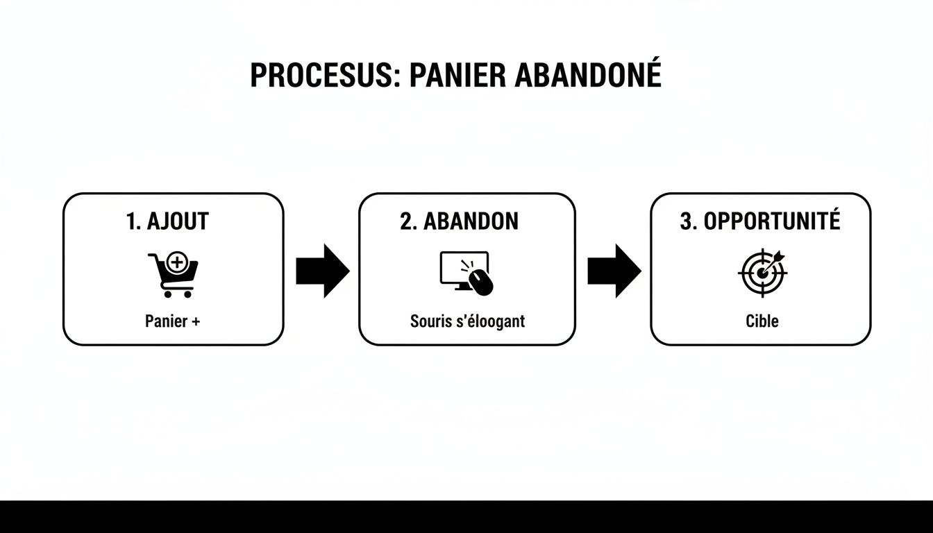 Illustration du processus de relance d'un panier abandonné en trois étapes: ajout, abandon, puis opportunité ciblée.