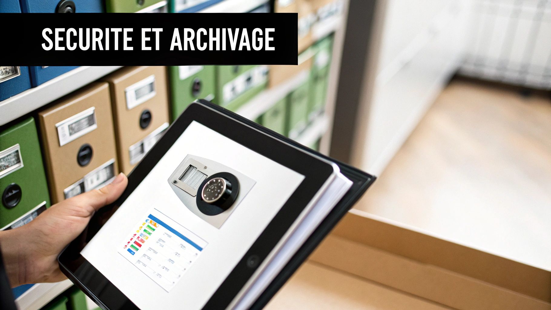 Main tenant une tablette affichant un coffre-fort numérique, symbolisant la sécurité et l'archivage de documents.