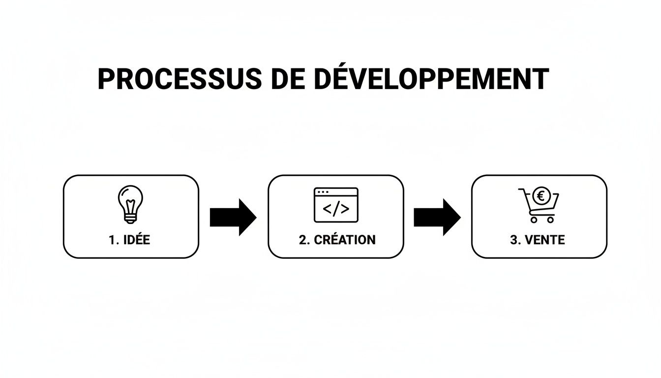 Représentation schématique du processus de développement en trois étapes : idée, création et vente.