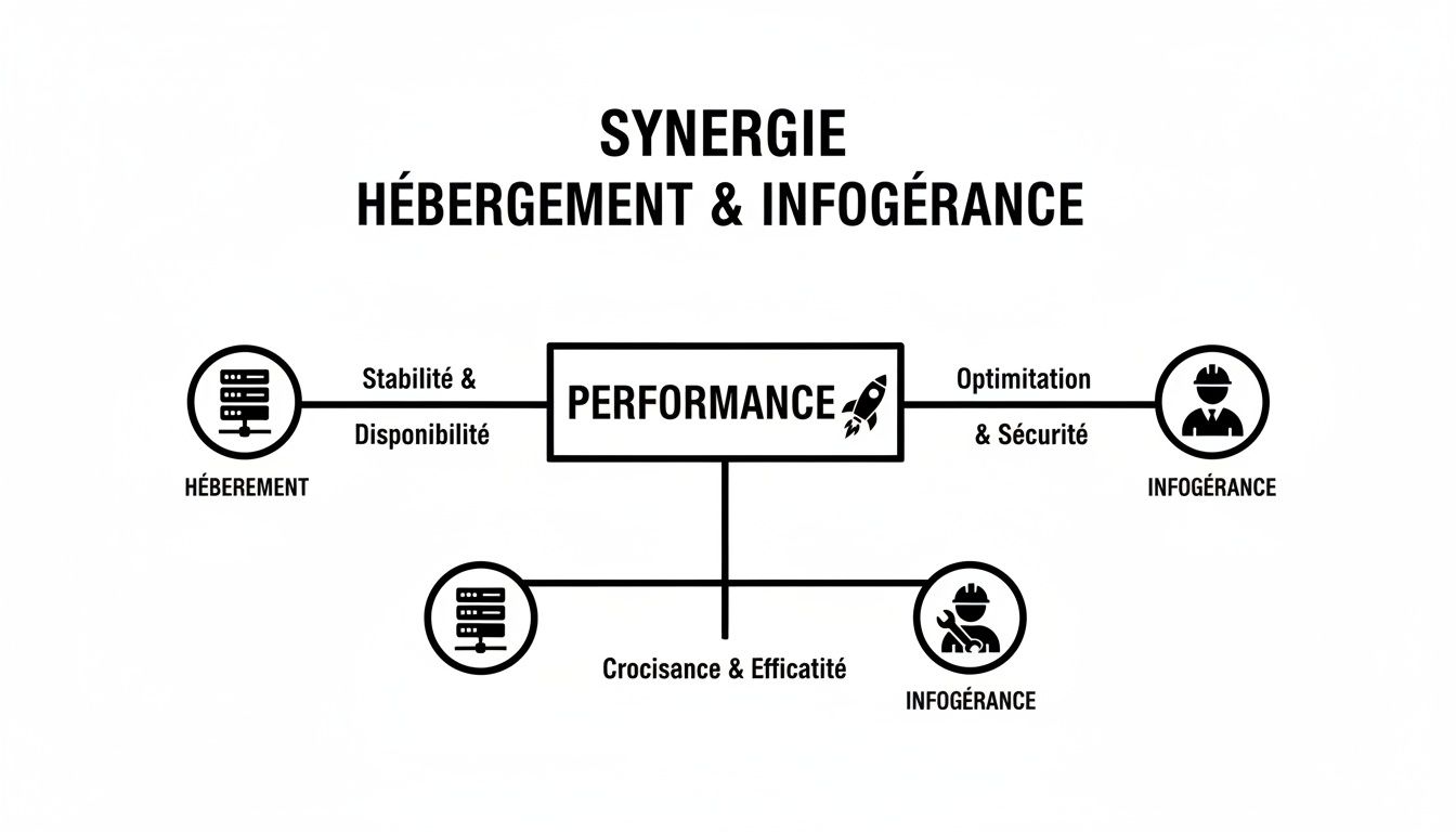 Diagramme illustrant la synergie entre hébergement et infogérance pour la performance, la stabilité, la sécurité et l'efficacité.