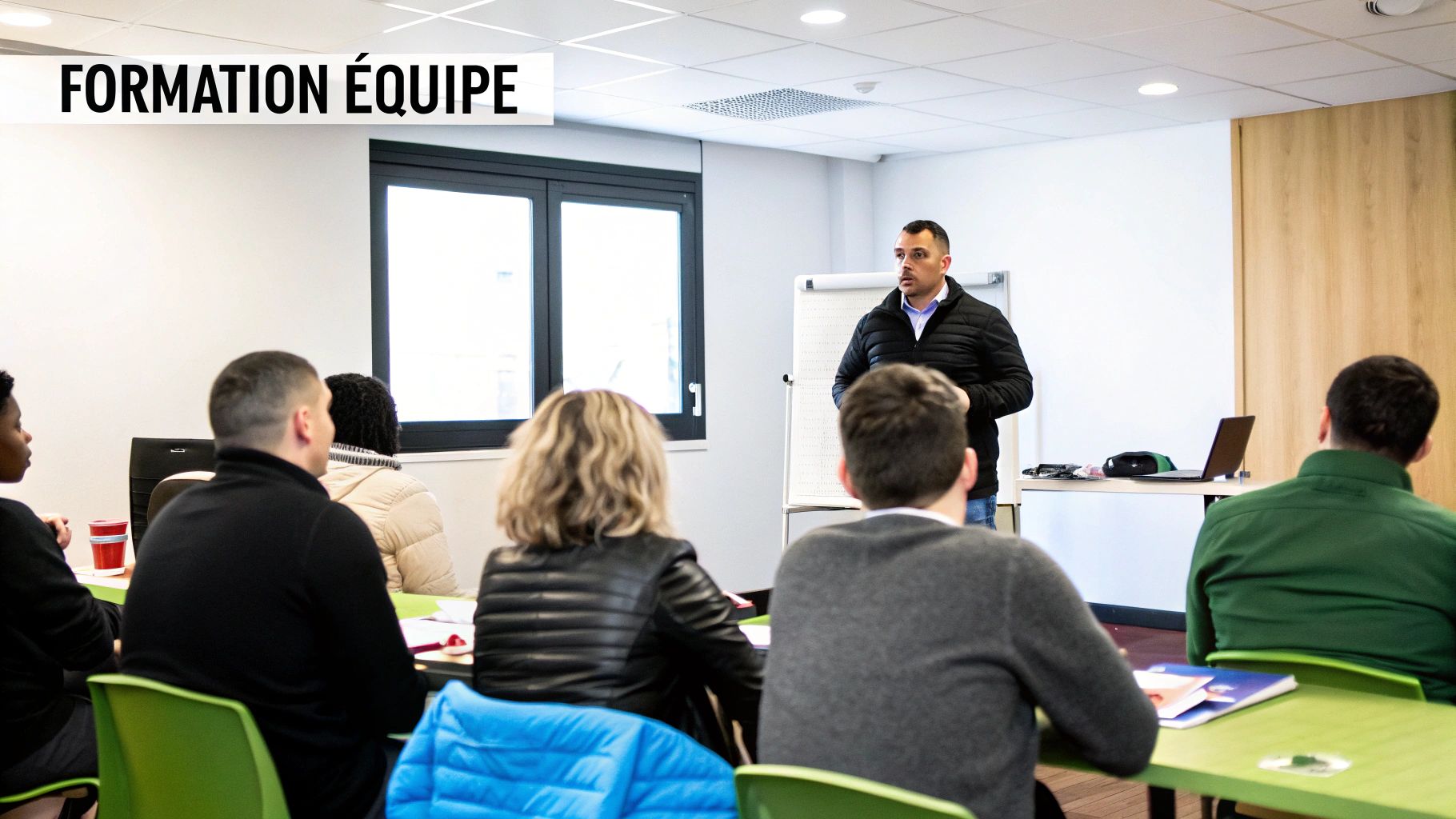 Une équipe souriante et diversifiée en réunion, collaborative et engagée