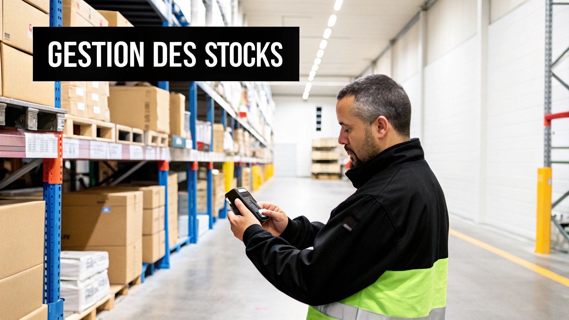 Un homme en gilet de sécurité scanne des colis dans un entrepôt, illustrant la gestion des stocks.