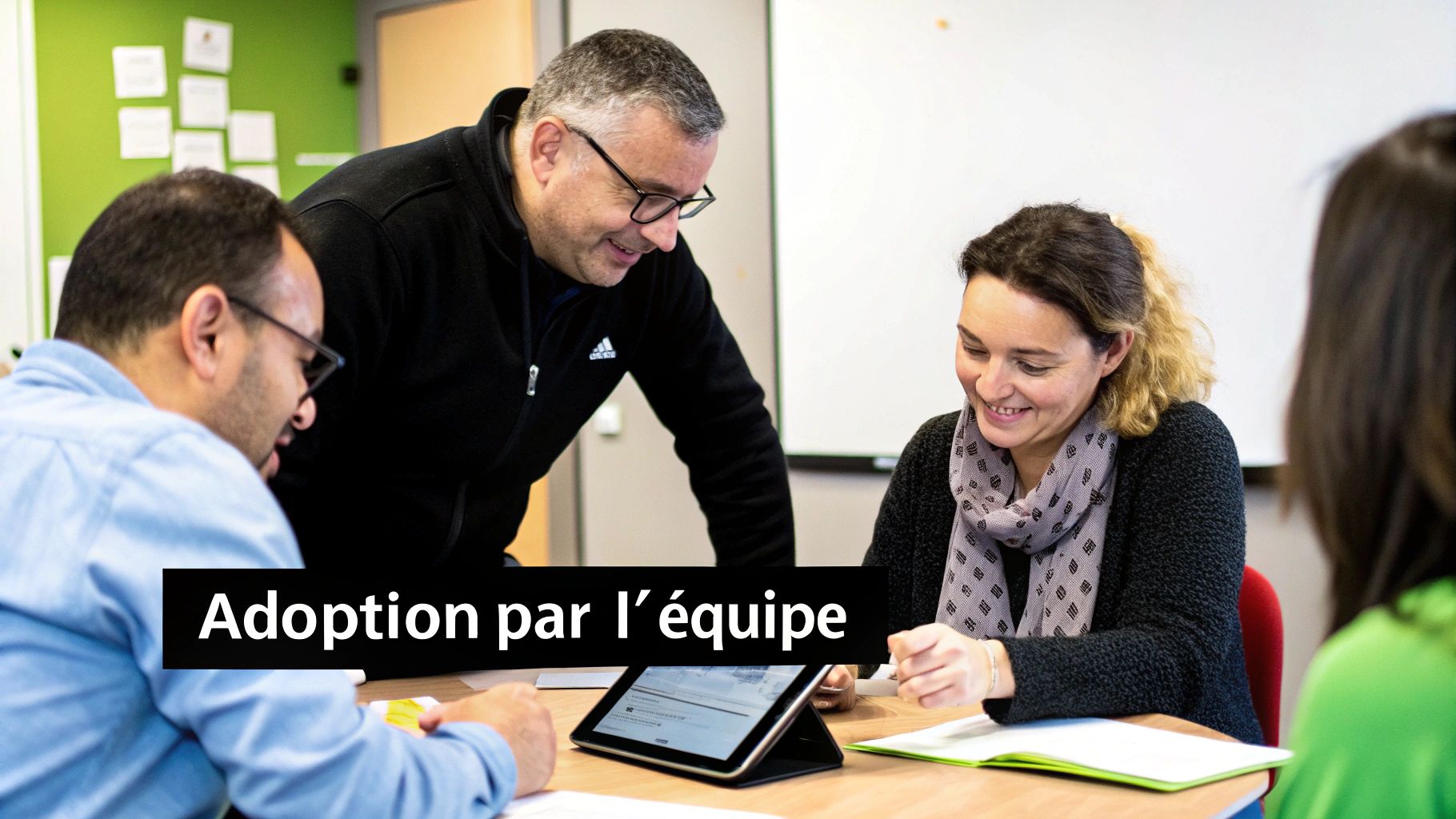 Une équipe de collègues souriants échange autour d'une tablette lors d'une réunion collaborative.