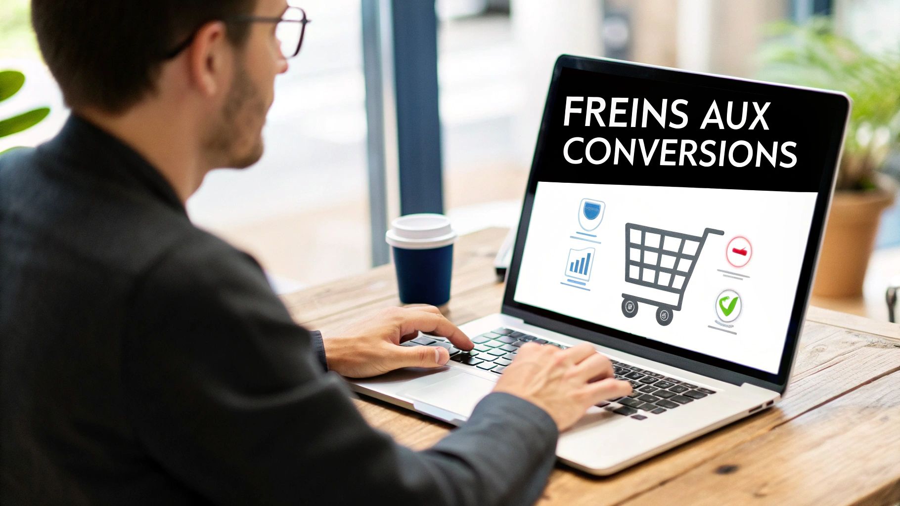 Un homme travaille sur un ordinateur portable affichant 'FREINS AUX CONVERSIONS' et des icônes liées au commerce électronique et à l'analyse de données.