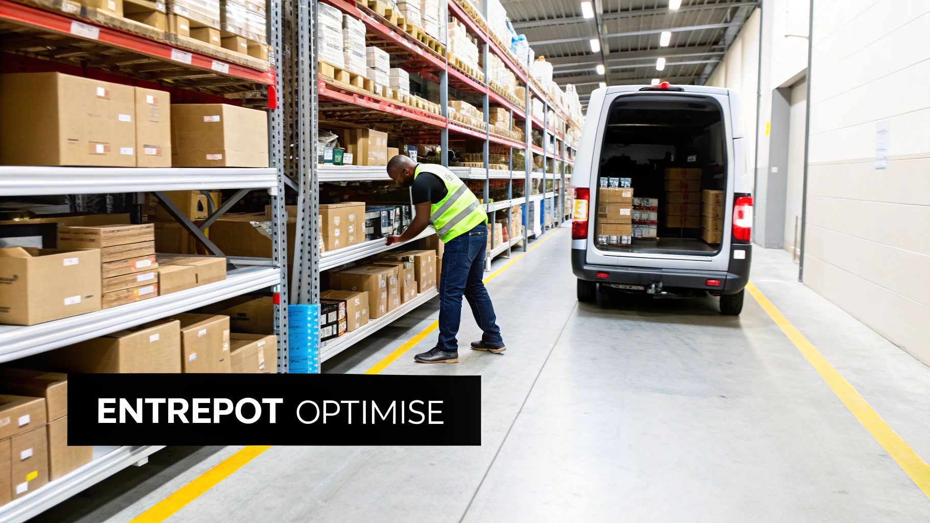 Un homme charge des colis dans un entrepôt, près d'un camion de livraison, symbolisant la logistique optimisée.