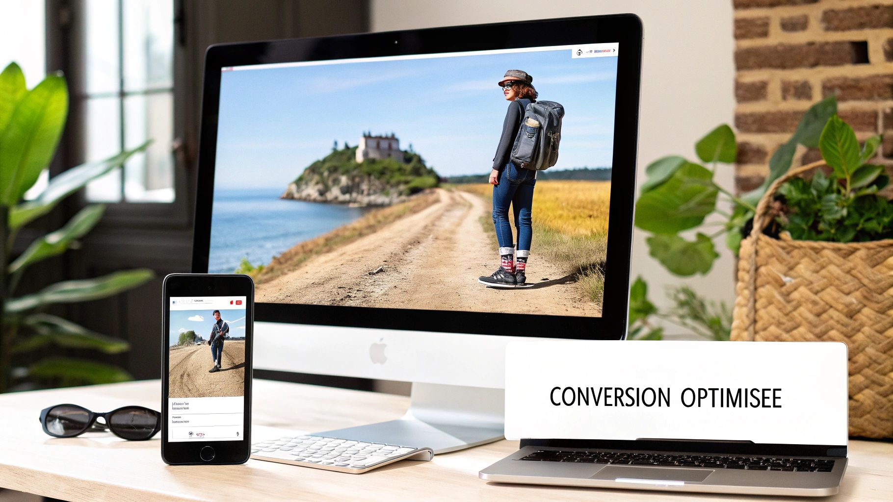Un ordinateur de bureau et un iPhone affichant une personne voyageant sur un chemin côtier, avec un laptop indiquant 'Conversion Optimisée'.