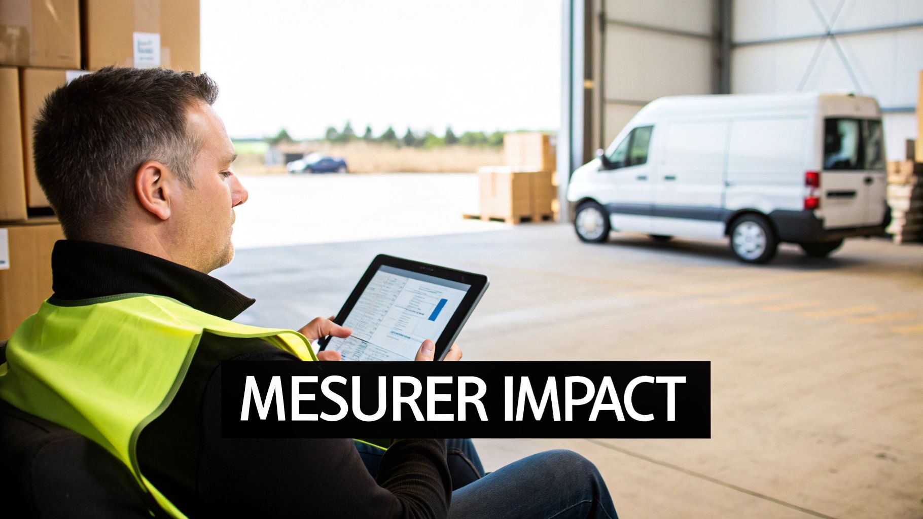 Un homme en gilet de sécurité utilise une tablette dans un entrepôt, avec un fourgon de livraison en arrière-plan.