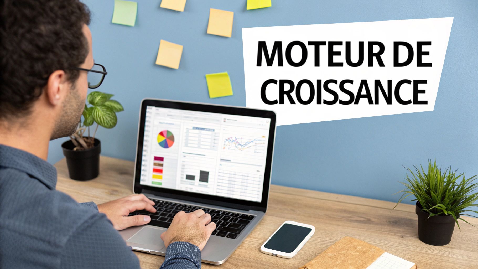 Un homme analyse des données sur un ordinateur portable, avec des notes adhésives et un panneau "MOTEUR DE CROISSANCE" en arrière-plan.