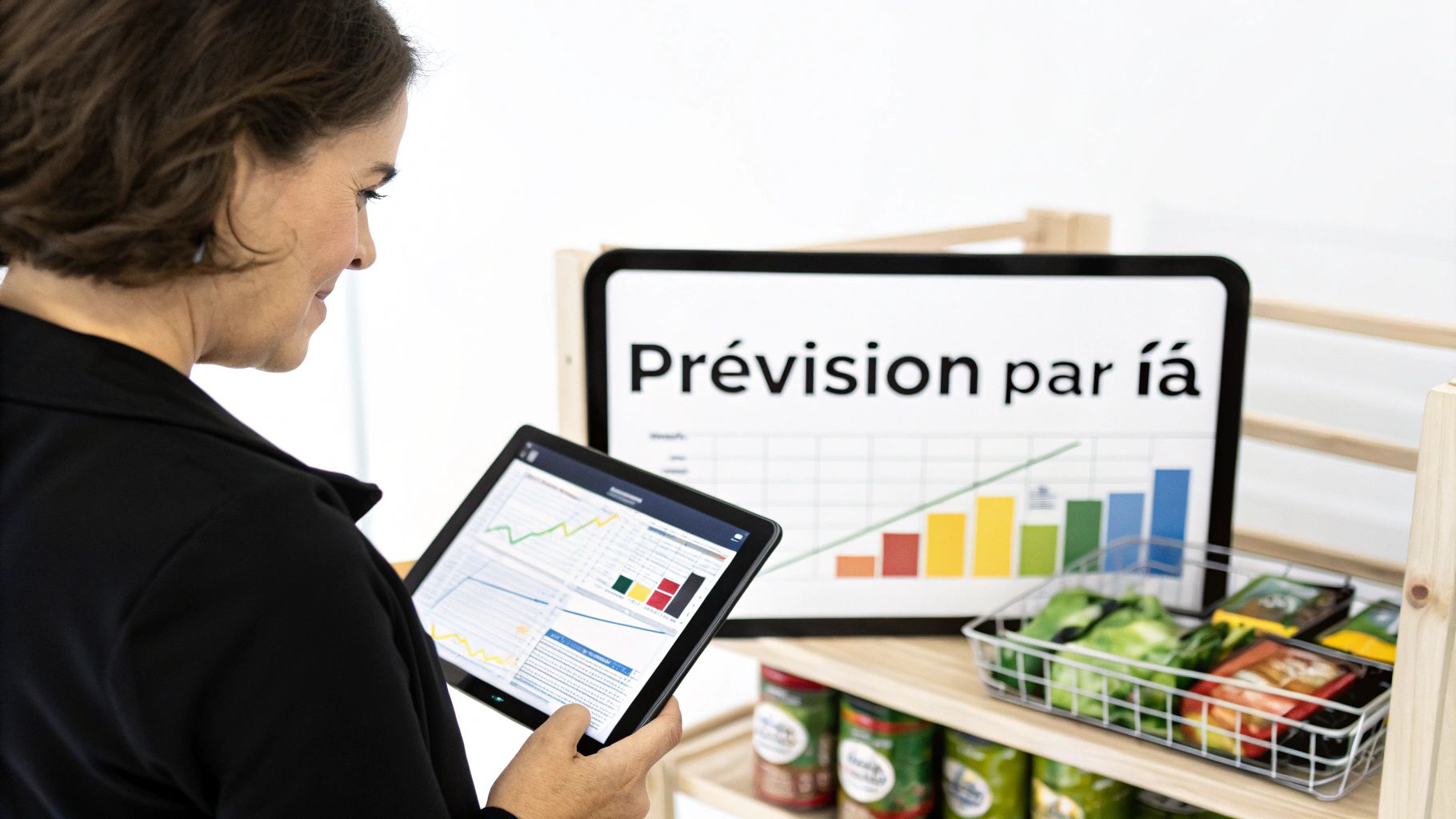 Une femme analyse des données de prévision sur une tablette, avec un écran affichant des graphiques et des produits alimentaires en arrière-plan.