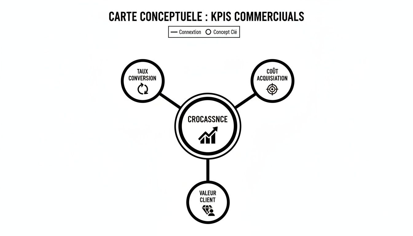 Carte conceptuelle des KPIs commerciaux principaux : croissance, taux de conversion, coût d'acquisition et valeur client.