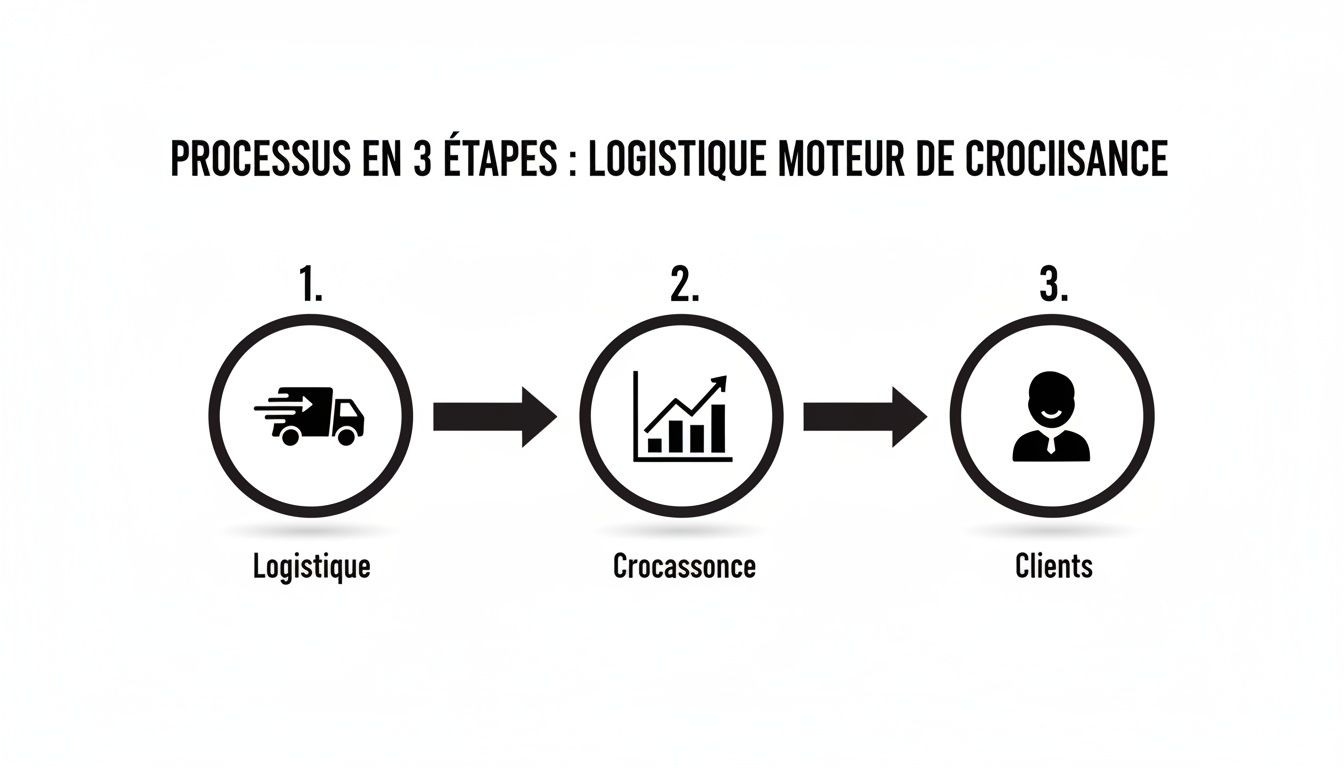 Infographie illustrant comment la logistique stimule la croissance et satisfait les clients en trois étapes.