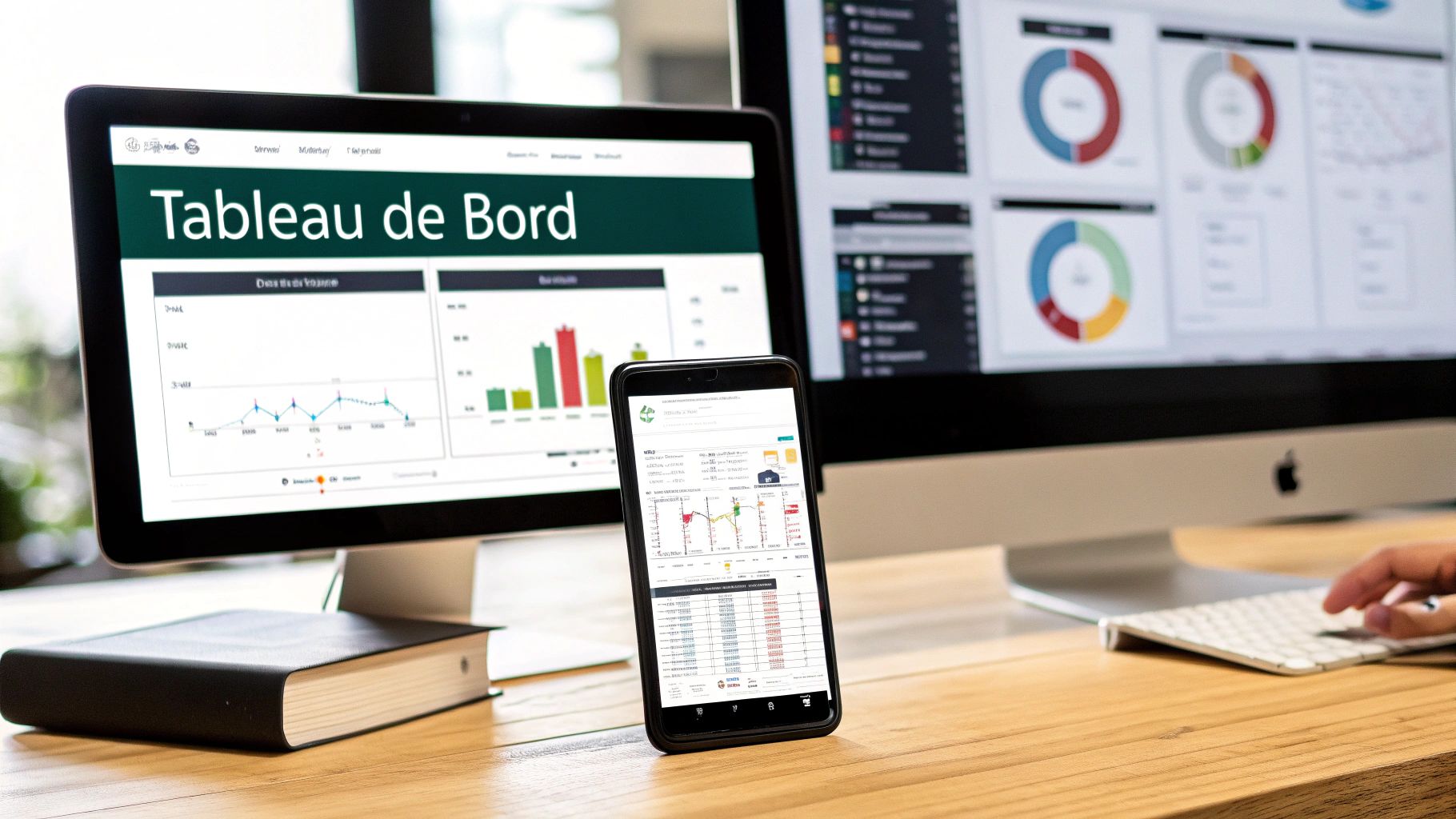 Bureau moderne avec ordinateur portable, moniteur et smartphone affichant des tableaux de bord de suivi de données et des graphiques.