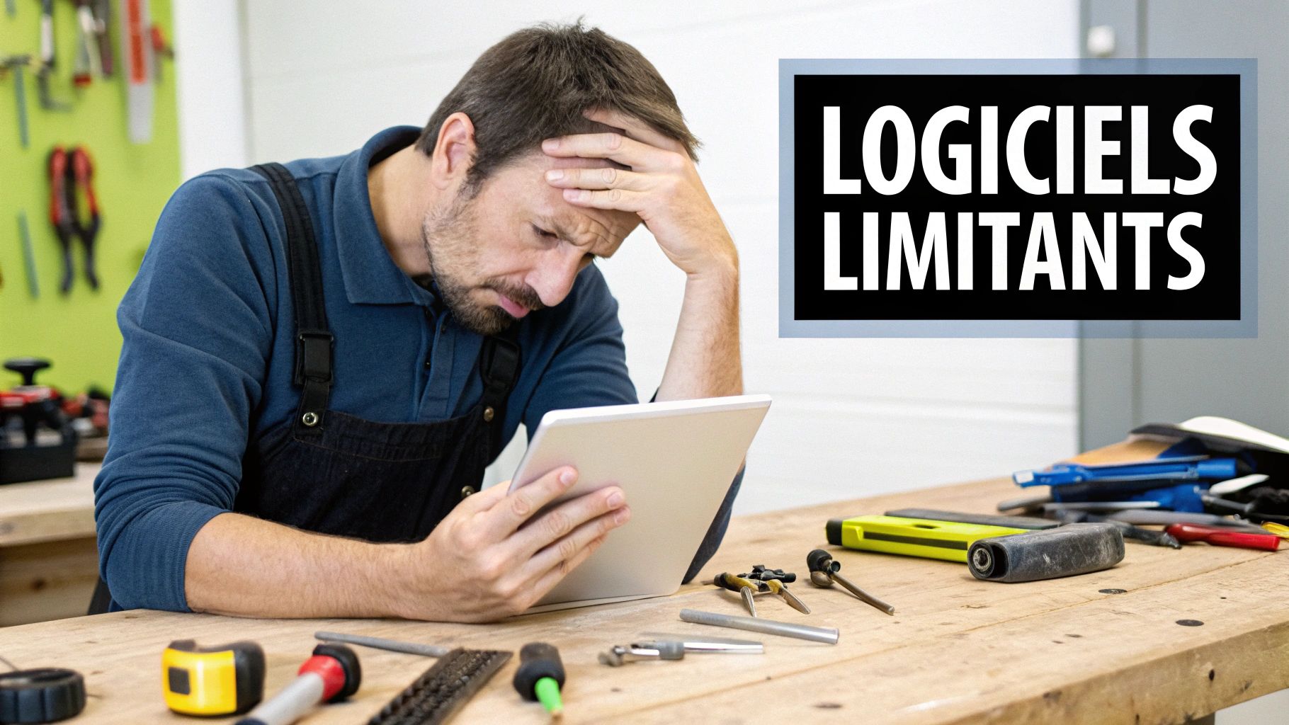 Un artisan stressé regarde une tablette, avec le texte "Logiciels Limitants" à côté, suggérant des problèmes avec les outils numériques.