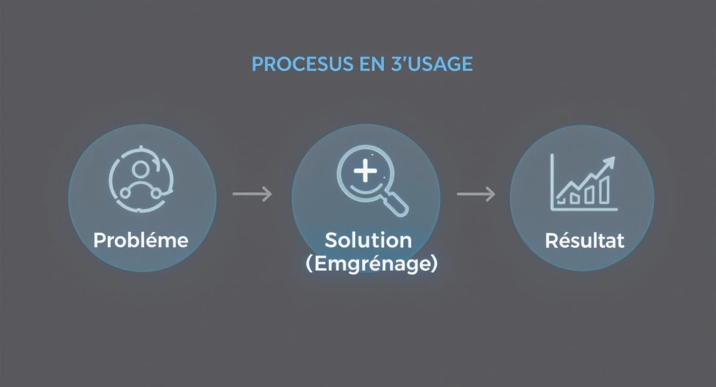 Diagramme de processus en trois étapes: problème, solution (engrenage) et résultat, avec icônes.