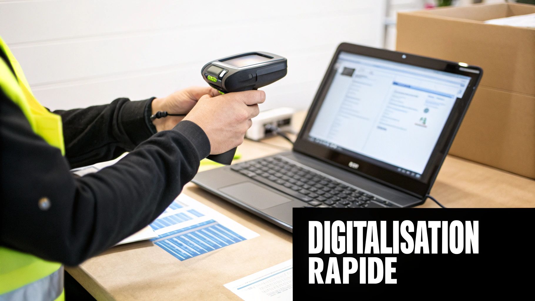 Personne avec scanner de codes-barres et ordinateur portable pour une digitalisation rapide des opérations logistiques.