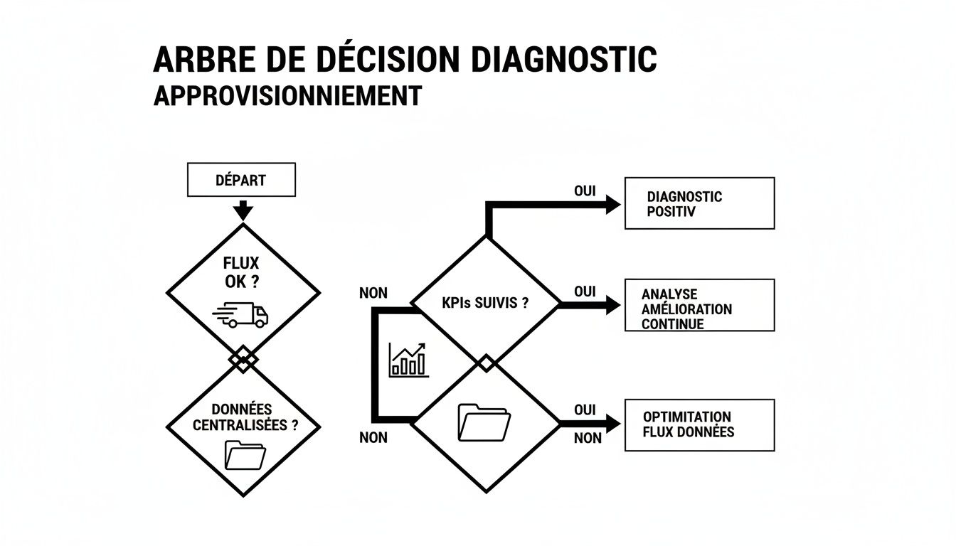 Arbre de décision diagnostique pour l'approvisionnement, détaillant les étapes d'évaluation et d'optimisation des flux et des données.