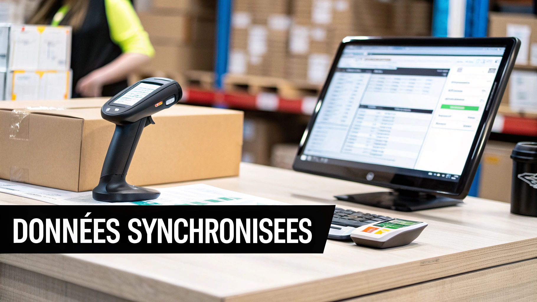 Scanner de codes-barres et écran d'ordinateur affichant des données synchronisées dans un entrepôt de logistique.