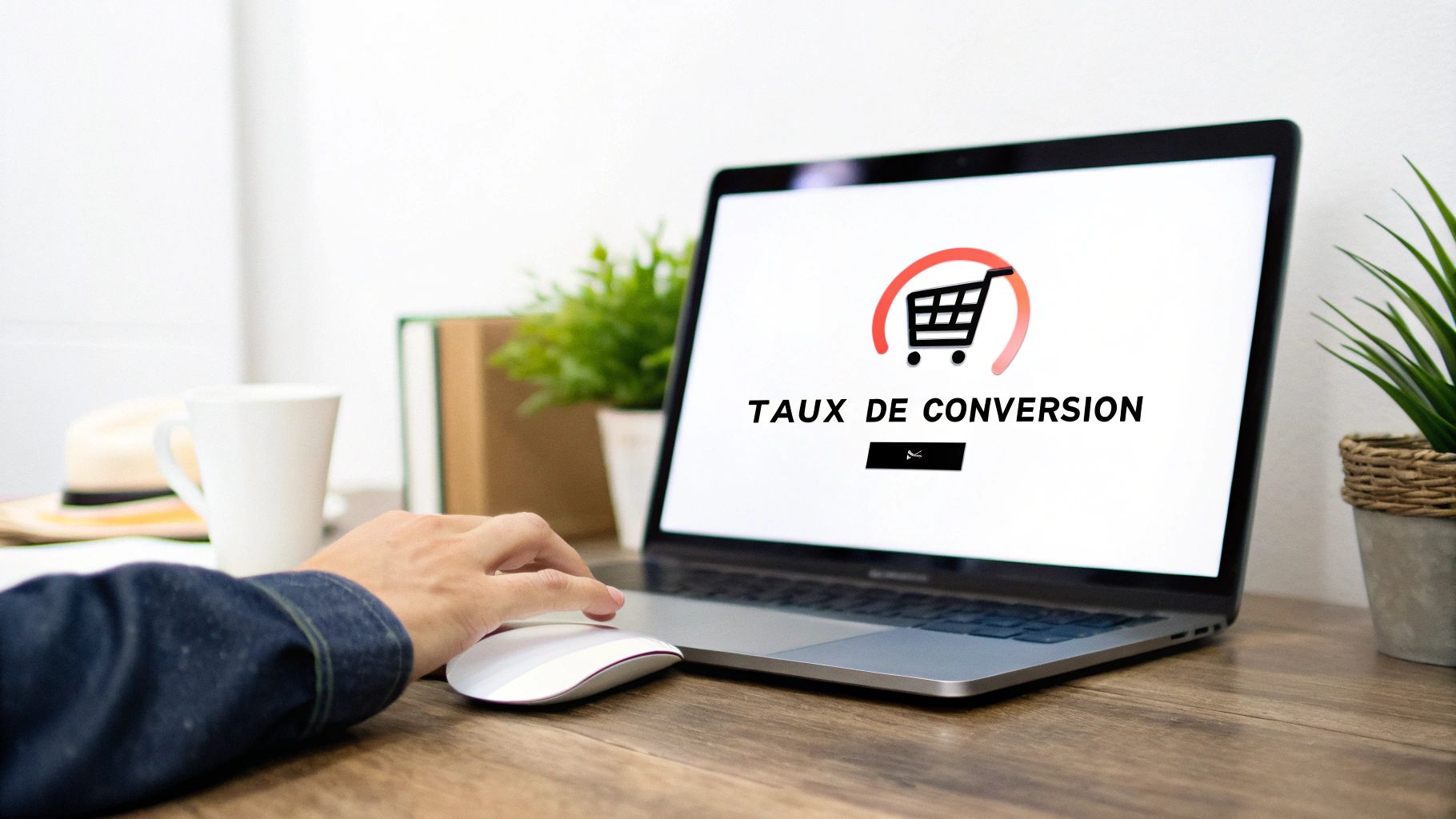 Écran d'ordinateur portable avec icône de panier et texte "TAUX DE CONVERSION", main naviguant avec une souris.