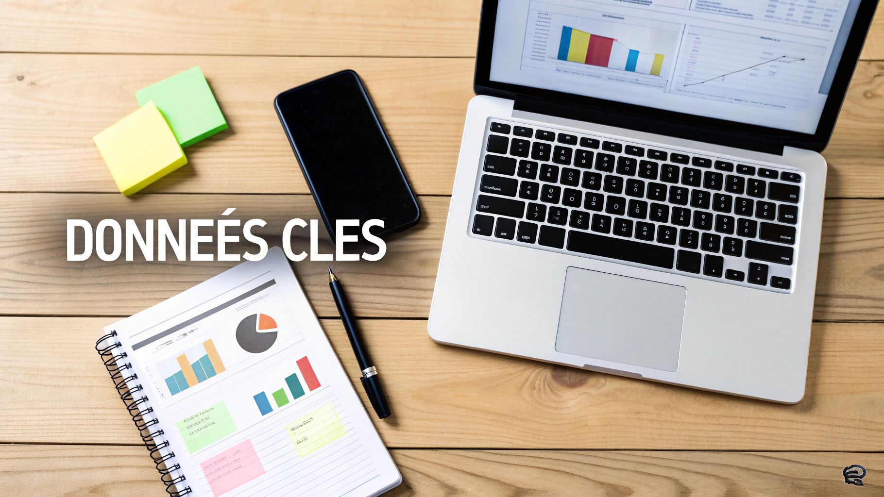 Vue de dessus d'un bureau avec ordinateur portable, carnet et notes, affichant des données clés et des graphiques.