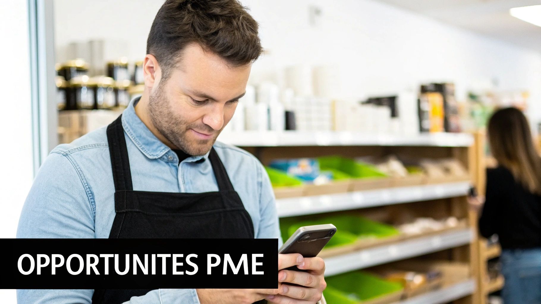 Un homme souriant avec un tablier consulte son smartphone dans une boutique, le texte 'OPPORTUNITES PME' en surimpression.