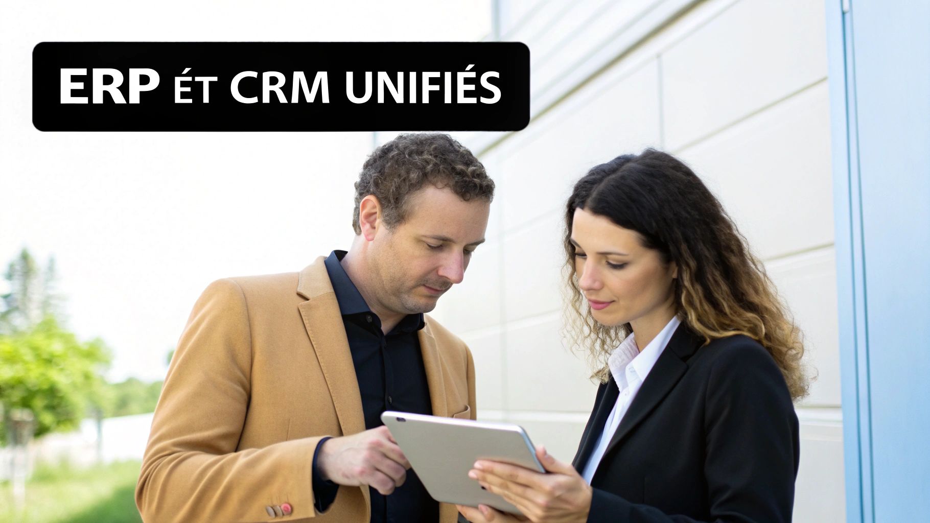 Deux professionnels consultent une tablette, sous le texte "ERP ET CRM UNIFIÉS", symbolisant la collaboration d'entreprise.