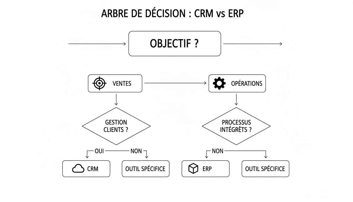 Arbre de décision illustrant le choix entre un CRM et un ERP basé sur les objectifs de vente et d'opérations de l'entreprise.