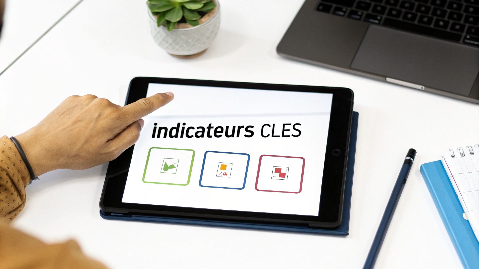 Une main touche une tablette affichant « indicateurs CLES » et trois options, posée sur un bureau blanc avec un ordinateur portable.