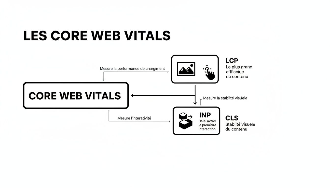 Diagramme explicatif des Core Web Vitals: LCP, INP et CLS, mesurant la performance de chargement, l'interactivité et la stabilité visuelle.