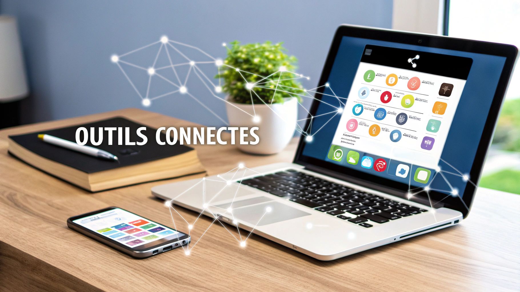 Outils connectés sur un bureau avec ordinateur portable, smartphone et carnet, symbolisant la connectivité numérique moderne.