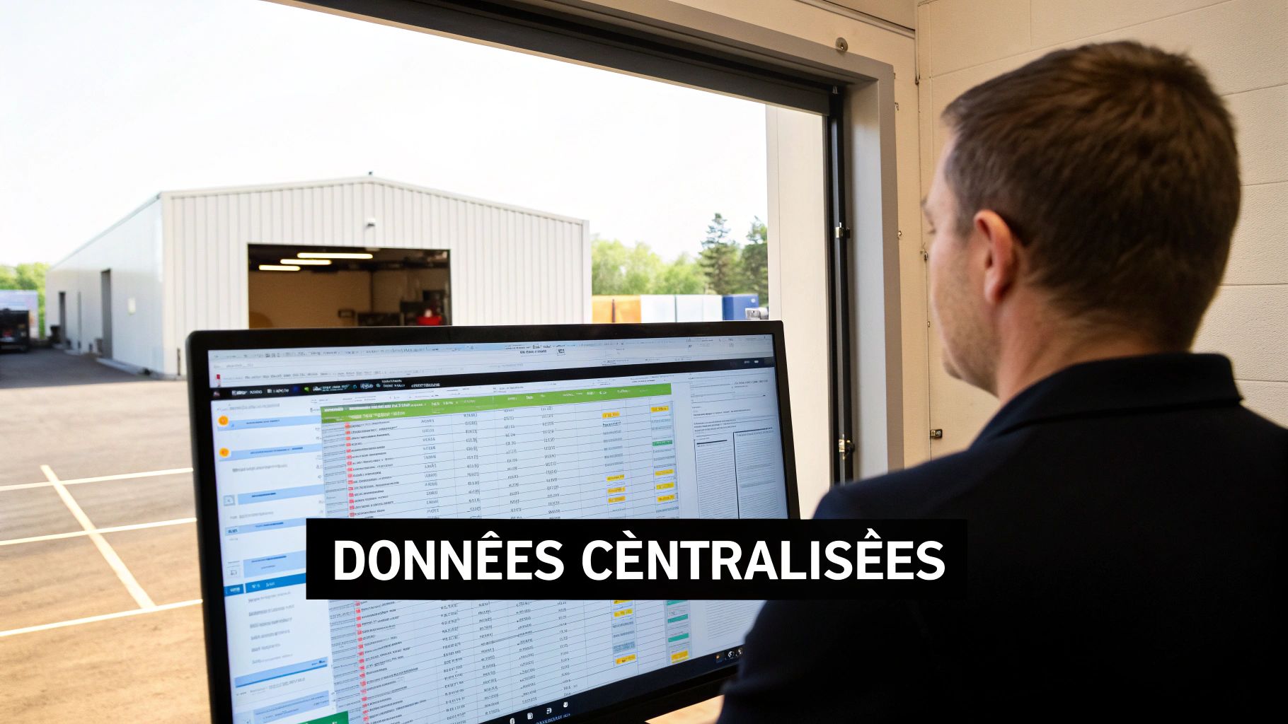 Vue d'un homme devant un écran d'ordinateur affichant des données centralisées, avec un entrepôt en arrière-plan.