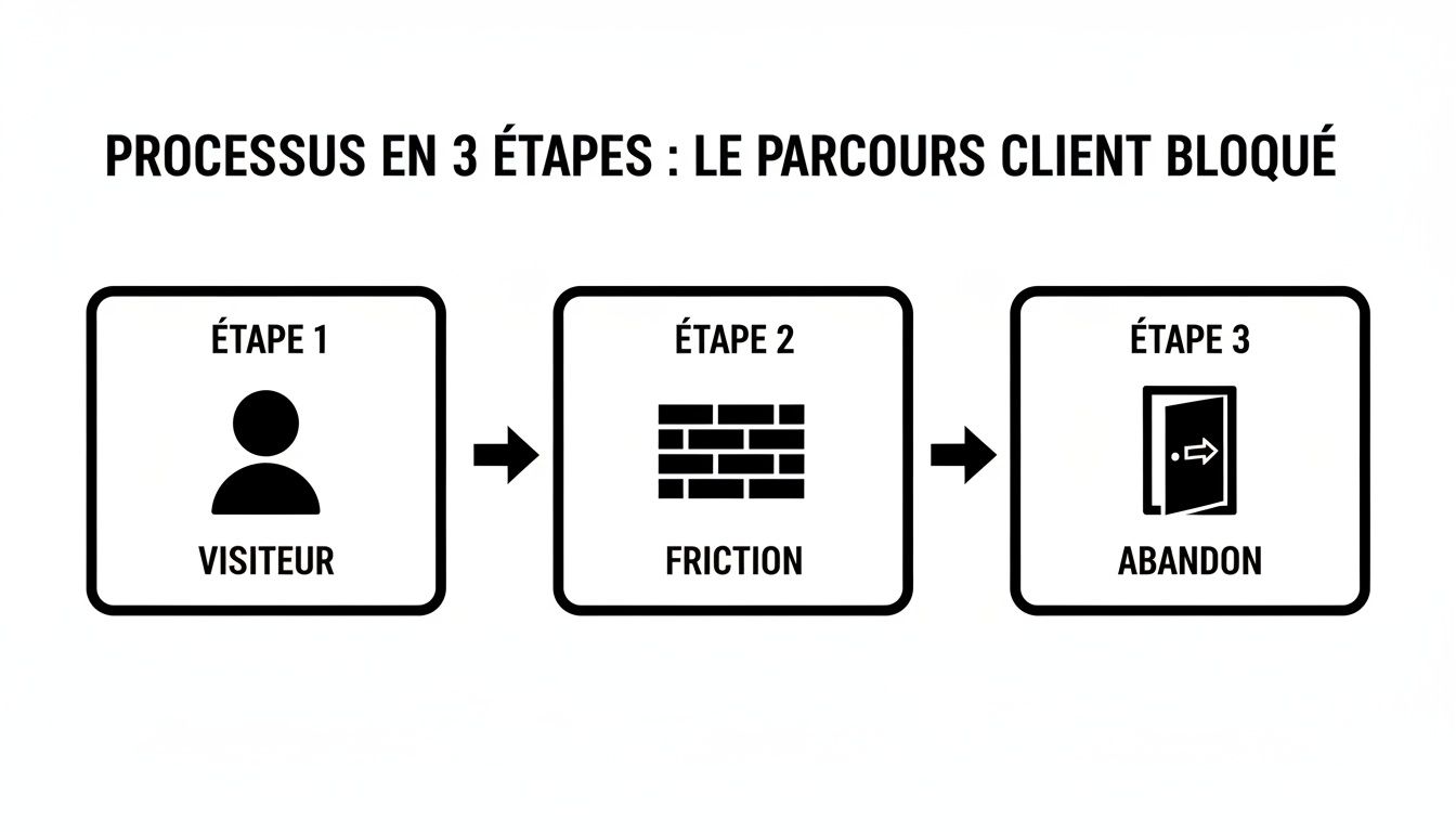 Diagramme du processus client bloqué en 3 étapes : visiteur, friction (mur), puis abandon (sortie).