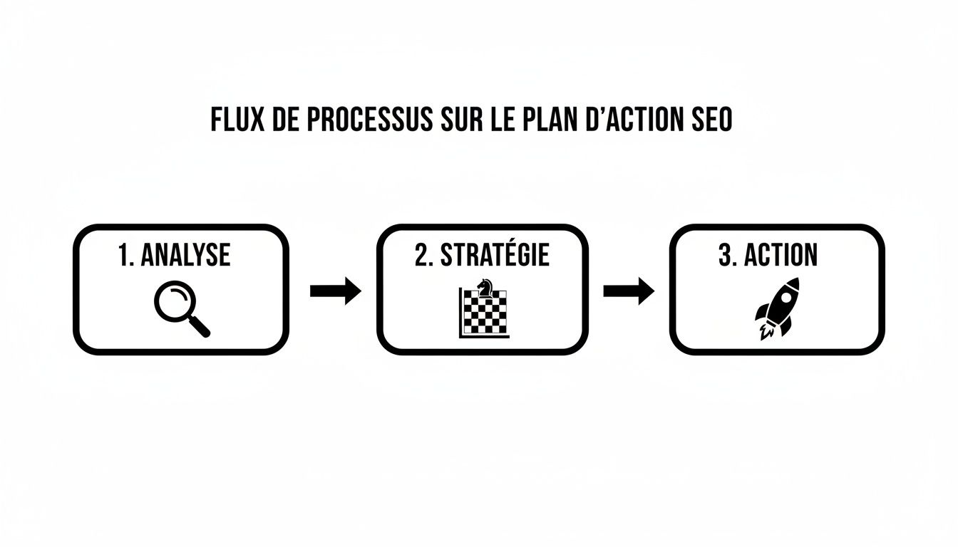 Diagramme illustrant le flux de processus d'un plan d'action SEO en trois étapes : analyse, stratégie et action.