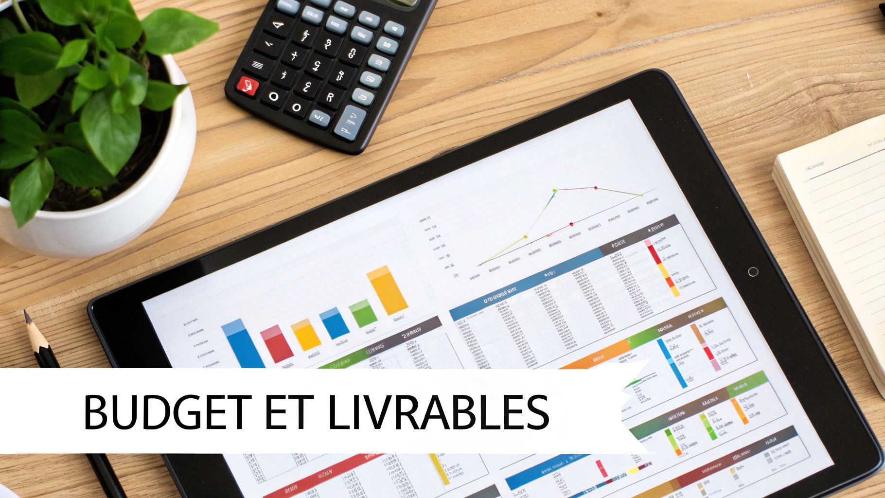 Tablette sur un bureau en bois montrant des données financières avec calculatrice et plante. Texte : BUDGET ET LIVRABLES.