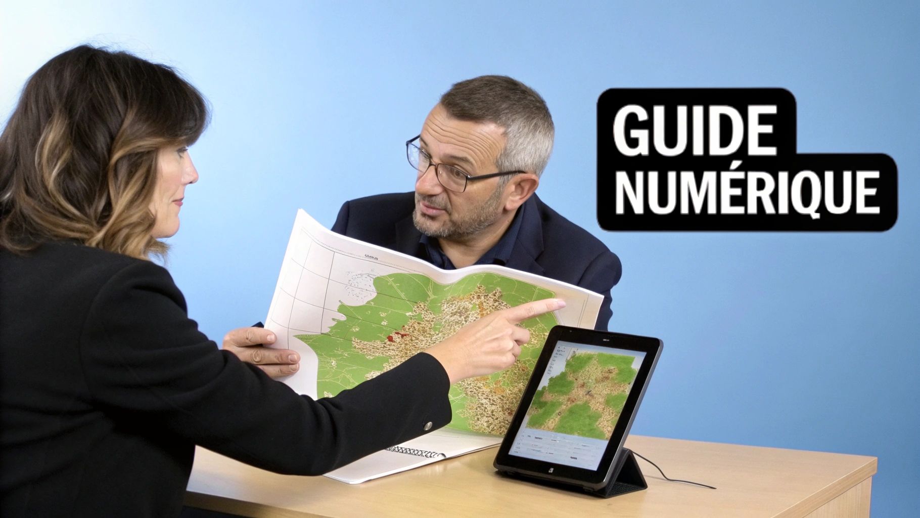 Deux personnes examinent une carte physique et une tablette affichant un plan numérique, avec le texte "GUIDE NUMÉRIQUE".