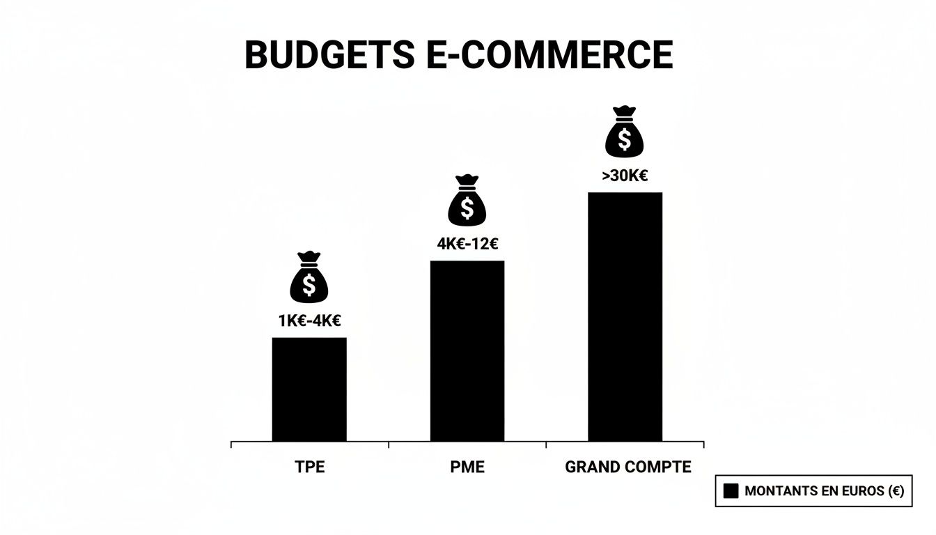 Graphique des budgets e-commerce pour TPE, PME et Grands Comptes, illustrant les investissements par taille d'entreprise.