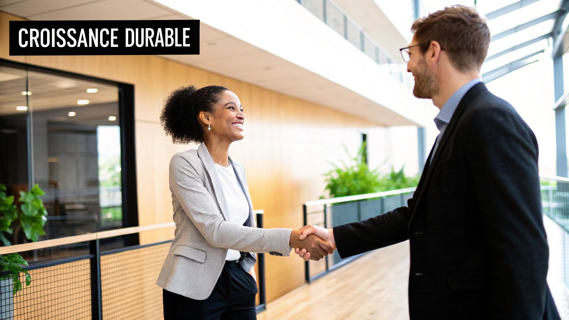 Un bureau bien organisé avec un ordinateur portable, un carnet et une plante, symbolisant la croissance d'une entreprise.
