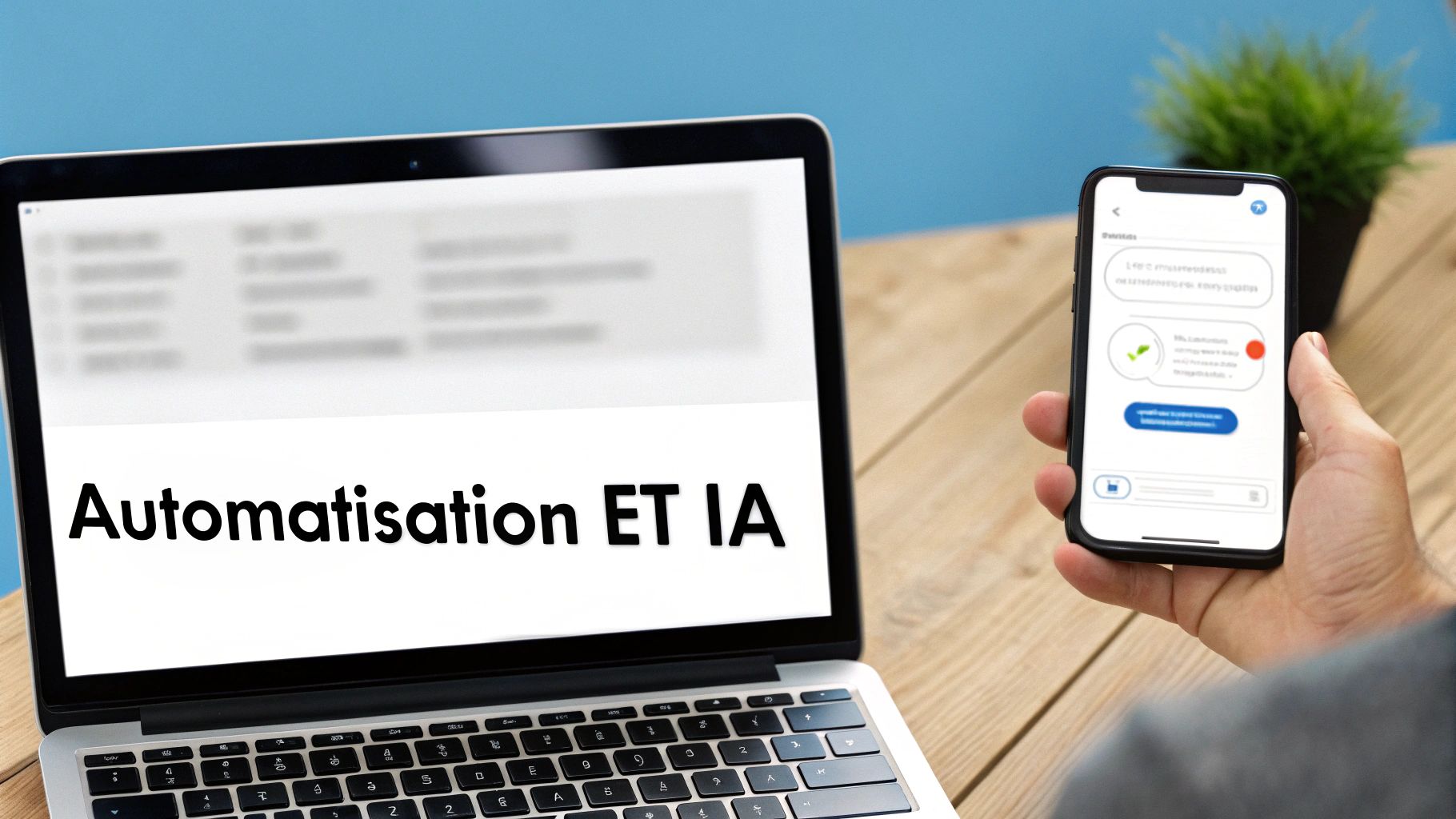 Un ordinateur portable affichant le texte "Automatisation ET IA" et une main tenant un smartphone.