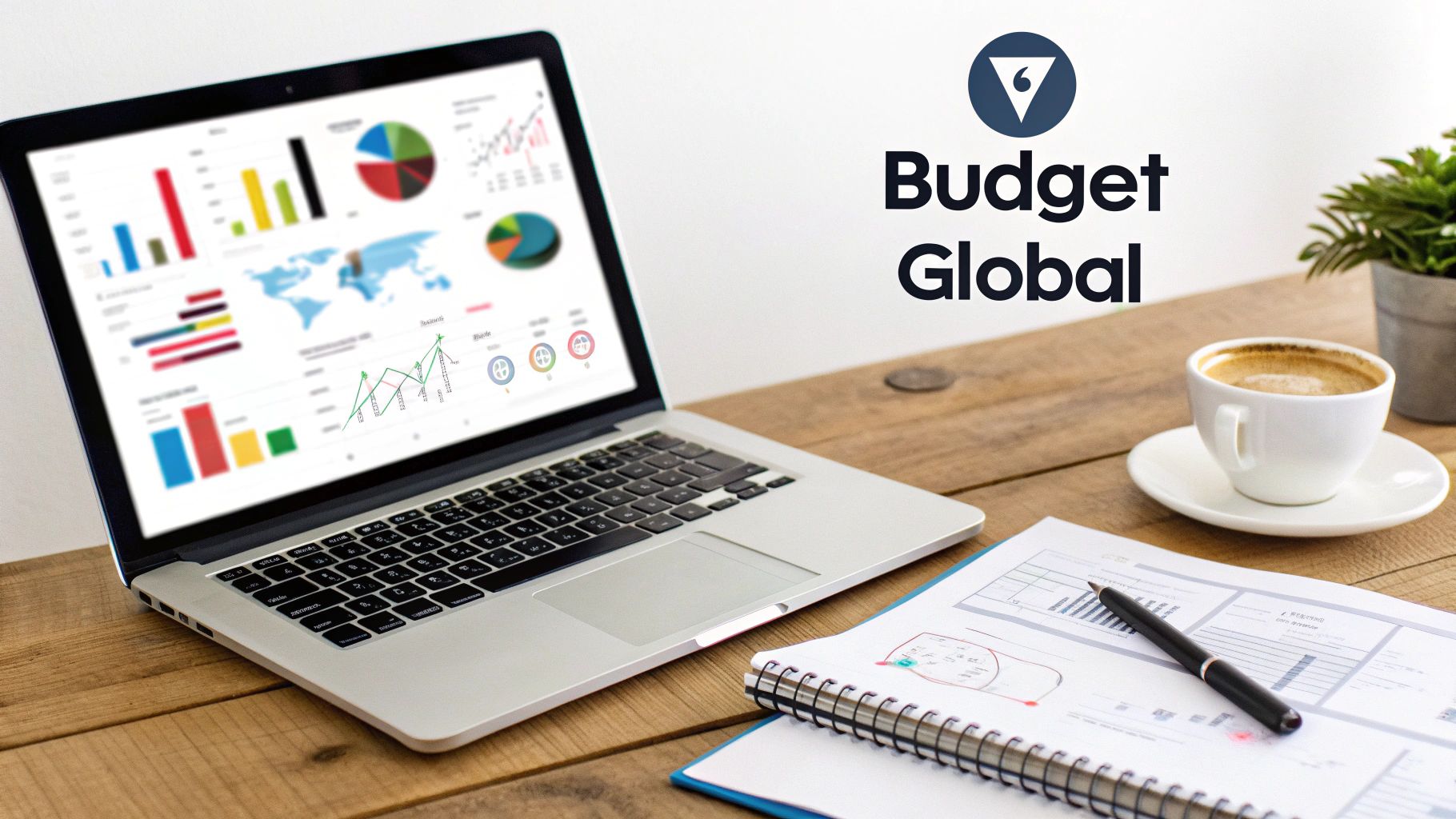 Un ordinateur portable affichant des données et graphiques financiers sur un bureau en bois, avec café et documents.