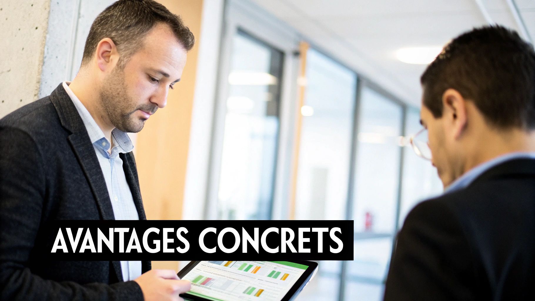 Un homme en veste consulte une tablette montrant des données et graphiques. Le texte "AVANTAGES CONCRETS" apparaît en bas de l'image.