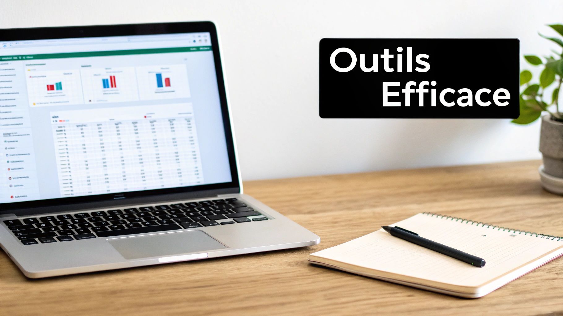 Bureau moderne avec ordinateur portable affichant des graphiques et données, un cahier, un stylo et une enseigne "Outils Efficace".