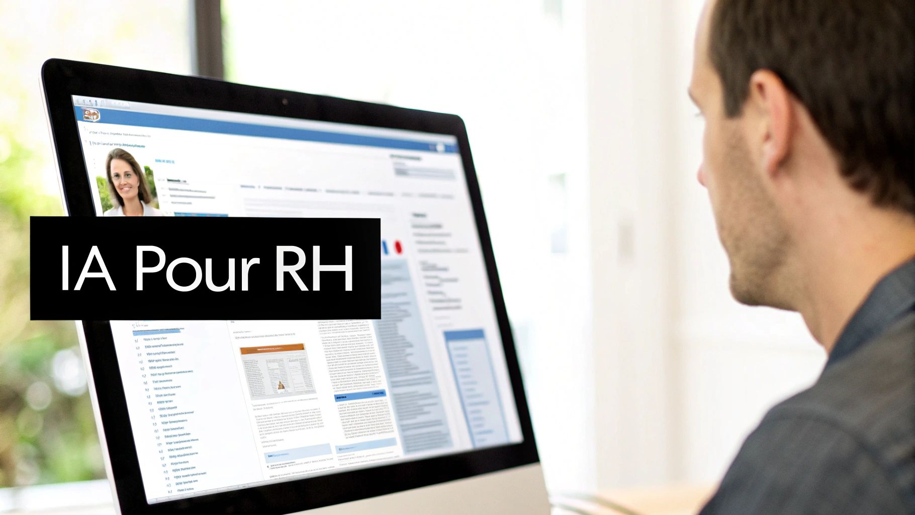 Un homme regarde un écran d'ordinateur affichant une page web avec une femme et un bandeau "IA Pour RH".