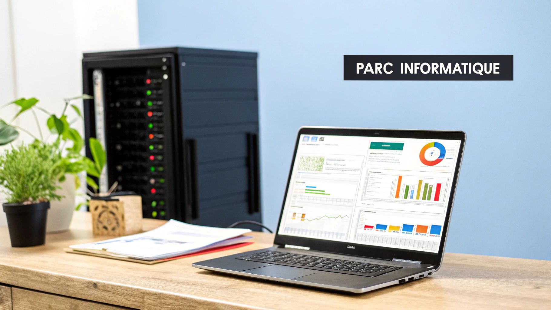 Un ordinateur portable sur un bureau affichant des données informatiques, avec une baie de serveurs et des plantes.