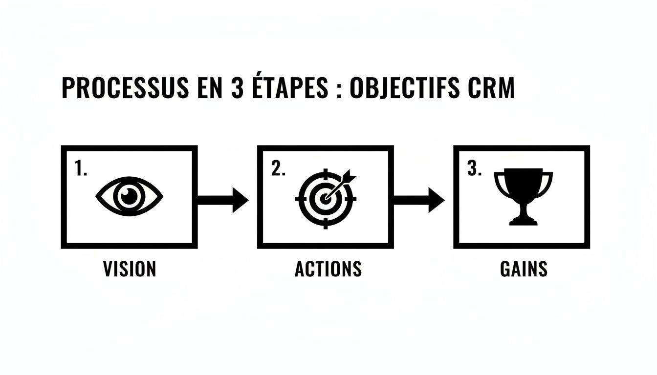 Schéma du processus CRM en 3 étapes : Vision (œil), Actions (cible) et Gains (trophée).