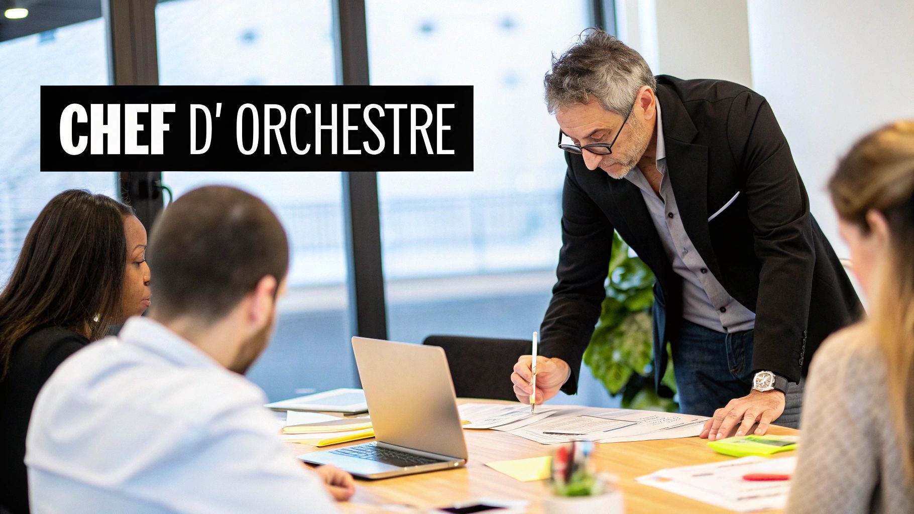 Un homme d'affaires dirige une réunion, penché sur des documents, avec des collègues autour. Le texte 'CHEF D'ORCHESTRE' est visible.