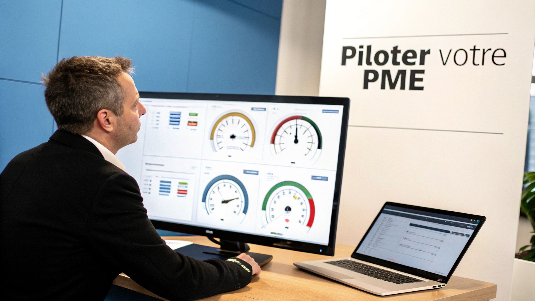 Un homme en costume regarde un écran d'ordinateur affichant un tableau de bord avec des indicateurs. Un ordinateur portable est sur le bureau.