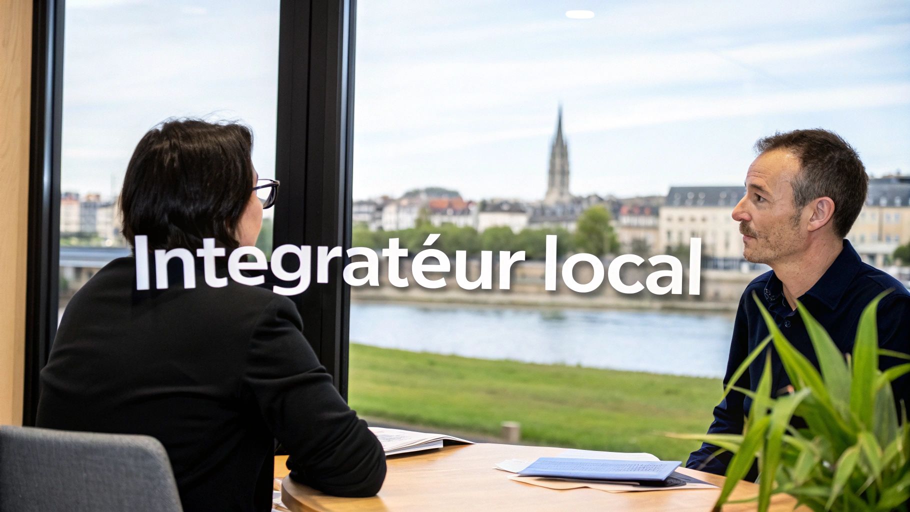 Deux personnes discutant à une table dans un bureau avec vue sur une ville et un cours d'eau.