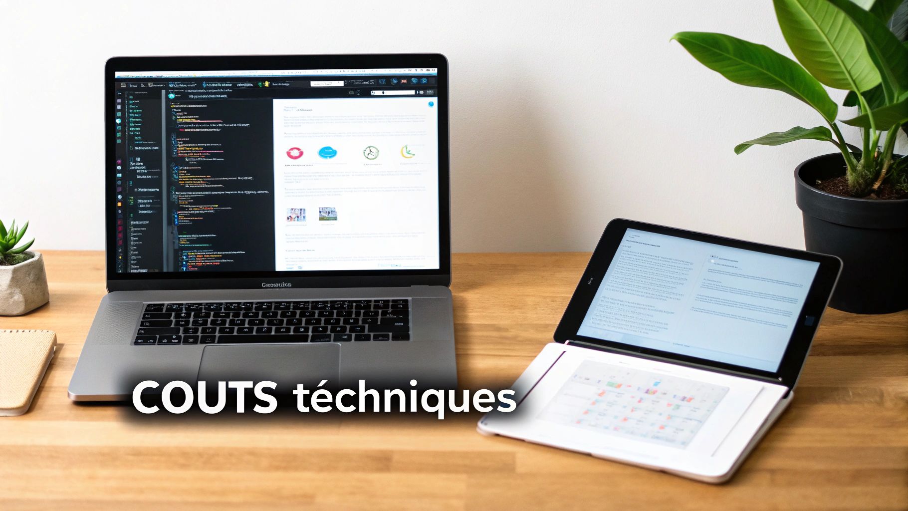 Un ordinateur portable affichant du code et une tablette avec un document, symbolisant les coûts techniques.