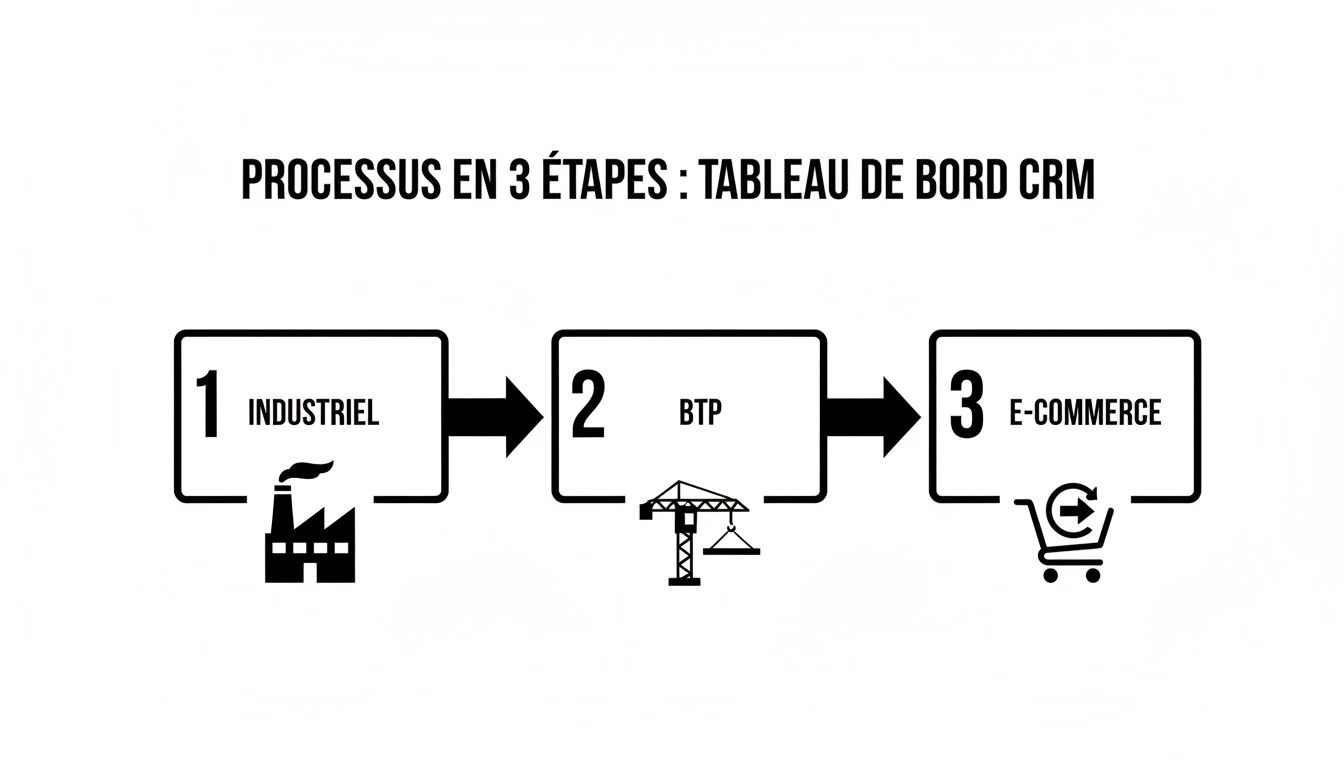 Diagramme de processus CRM en 3 étapes : industriel (usine), BTP (grue) et e-commerce (panier).
