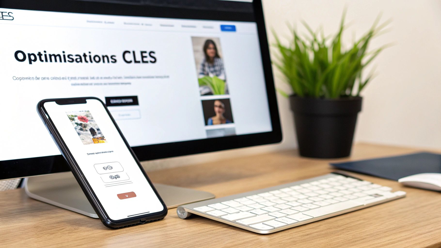 Un environnement de travail moderne et organisé avec un écran d'ordinateur affichant des optimisations CLES, un smartphone et un clavier.