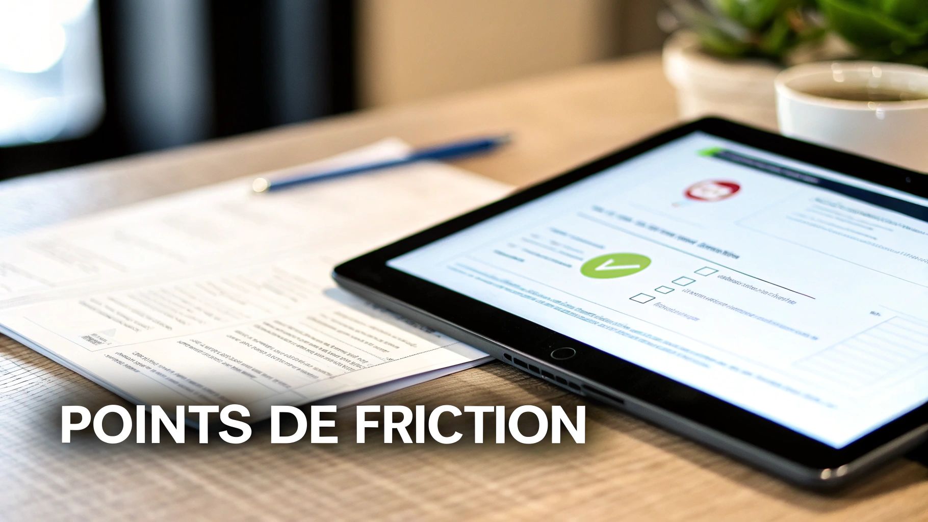 Vue rapprochée d'une tablette affichant un formulaire numérique validé avec une coche verte et des documents sur un bureau.